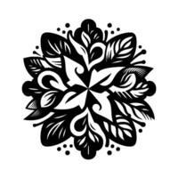 Intricate Black and White Floral Mandala with Leaf and Dot Accents, Symmetrical Pattern on White Background. vector