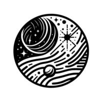 Black and white celestial illustration of a cosmic sphere depicting stars, planets, crescent, sunburst, and abstract wave elements. vector