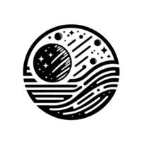 Celestial Harmony A minimalist circular with a planet, stars, and cosmic elements, blending space and water in a balanced composition. vector