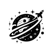 Minimalist Black and White Illustration of a Rocket Launching From a Planet Surrounded by Stars in Space, Concept Art. vector