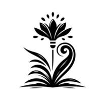 Symmetrical floral in stark black and white, featuring a stylized blossom with delicate droplets and ornate foliage elements on a blank background. vector