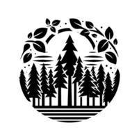 Black and White Stylized Forest Silhouette within a Circle, Featuring Evergreen Trees, Foliage, and Minimalist Design. vector