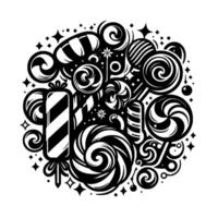 Black and white circular composition of various candies, lollipops and swirls with a whimsical, decorative aesthetic and star accents. vector