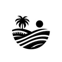 Minimalist Black and White Illustration of Tropical Landscape with Palm Tree, Terraced Fields, and Sun. vector