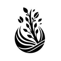 BlackandWhite Minimalist Illustration of a Budding Plant, Emerging from a Stylized Woven Nest or Bowl. vector