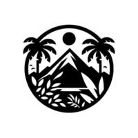Black and White Circular of Tropical Landscape with Mountain, Palm Trees, Sun, and Foliage, a serene and minimalistic design. vector