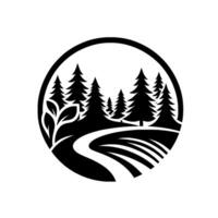 Black and white circular of a forest scene, with trees and a path, alongside a plant with leaves, a minimal, modern design. vector