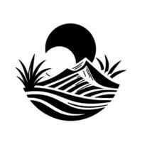 A stylized, monochromatic illustration featuring a mountain, sun, and stylized landscape elements, presented in a circular composition against a white backdrop. vector