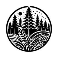 Minimalist black and white circular featuring a stylized forest scene with trees, foliage, moon, and dots, evoking nature and tranquility. vector