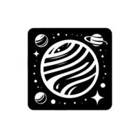 Black and White SpaceThemed Illustration of a Planetary System Inside a RoundedSquare Frame with Planets, Stars, and a Ringed Planet. vector