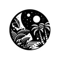 YinYang styled black and white tropical landscape illustration, featuring moon, stars, palm trees, and foliage in a circular composition. vector