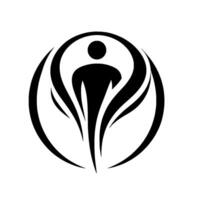 Abstract black silhouette of a figure within a circle and stylized, winglike elements, representing growth and potential. vector