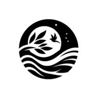 Abstract black and white circle illustration of a bird flying past a tree with leaves, over stylized waves, and a moon. vector