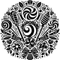 Intricate Circular Black White Illustration Candy and Floral Ornament, Detailed Patterns, Spirals, Lollipops, Bows, and a Sweet, Playful Vibe vector