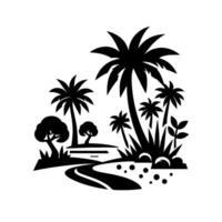 Stylized Monochrome Coastal Scene Depicting Palm Trees, Small Trees, A Winding Path, and Lush Vegetation in a Minimalist Design. vector