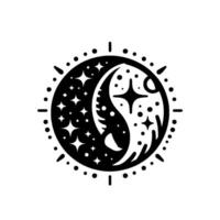 Symbolic YinYang Celestial Icon Starry Night Crescent Moon Embracing Balance within a Black and White Circular vector