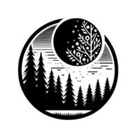 Black and White Circular Illustration of a Forest Landscape with a Moon, Trees, and Decorative Elements vector