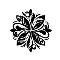 A symmetrical, stylized floral in black and white, featuring intricate leaf patterns, curls, and radial symmetry on a stark white background. vector