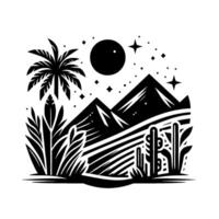 Desert Oasis Night Scene Bold Black White Silhouette Depicting Mountains, Moon, Palm, Cactus, and Starry Sky in Geometric Style. vector