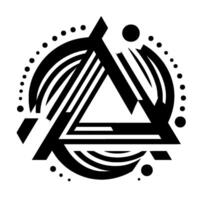 Black and white geometric abstract artwork featuring a triangle overlaid on a circular design, with various lines and dots in minimalist style. vector