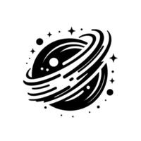 Sleek Black and White Minimalist Illustration of a Ringed Planet Surrounded by Stars and Celestial Objects. vector