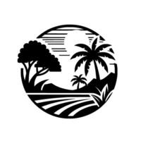 Circular, monochromatic landscape illustration featuring silhouetted trees, palm trees, fields, and a mountain range with a stylized sun. vector