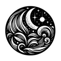 Intricate Black and White Celestial Design Crescent Moon, Stars, and Flowing, Ornamental Patterns within a Circular Frame. vector