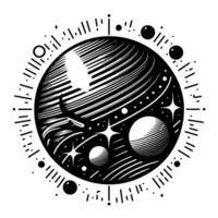Cosmic celestial sphere illustration, a black and white stylized depiction of a planetary system with stylized planets, stars, and orbiting elements. vector