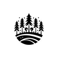 Stylized Monochrome Forest Scene Evergreen Trees and Mushroomlike Plants Within Circular Frame, Minimalist Design, Nature vector
