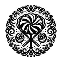 Intricate black and white circular featuring a swirl lollipop centerpiece surrounded by elegant floral and ornamental patterns. vector