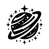 Stylized Black and White Illustration of a Planet with Rings, Surrounded by Stars and Dots on a White Background. vector
