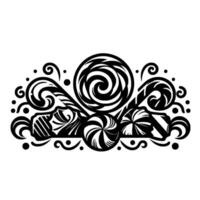 Intricate Black and White Candy Composition Featuring Lollipops, Swirls, and Abstract Decorative Elements on a White Background. vector