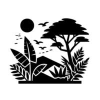 Black and White Silhouette Tropical Landscape Depicting Sun, Birds, Tree, Mountain and Flora, in a minimalistic and artistic style. vector