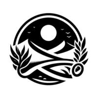 Black and white stylized mountain scene encircled with foliage, sun, and birds in a symmetrical, circular design. vector
