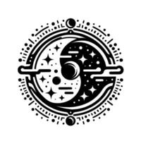 Celestial Yin Yang Symbol with Cosmic Elements Stars, Moons, Outer Circular Border in Black White. vector