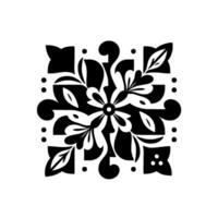 Symmetrical Black and White Floral Pattern with Dots and Geometric Accents on a Square Frame. vector