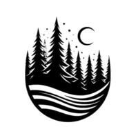 Stylized Black and White Forest Silhouette Within a Circle, Featuring Evergreen Trees, Crescent Moon, and Starry Night Effect vector