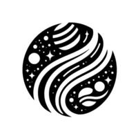 Abstract Black White Illustration of a Cosmic Sphere, Featuring Planets, Stars, and Flowing Lines in a Minimalist Style. vector