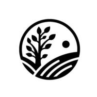 Black and White Circular Featuring a Stylized Tree, Rolling Hills, and Sun. Emblem of nature and growth. vector