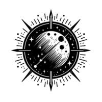 Black and White Celestial Compass A stylized illustration of the moon, stars, and directional markers within a circle, suggesting cosmic navigation. vector