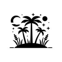 Silhouette tropical island scene with palm trees, moon, stars, grass, and a sun, rendered in a minimalist black and white style. vector
