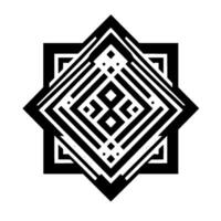Geometric black and white eightpointed star with intricate patterns, stripes, and squares on white background, creating symmetrical design. vector