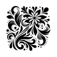 Symmetrical Black and White Floral Pattern with Swirls, Leaves, and Dot Details on a Clean White Background. vector