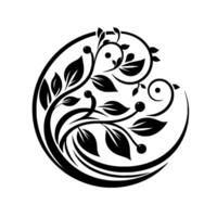 Elegant Black and White Circular Floral Design Leaves, Berries, and Vines Forming an Artistic Swirl Pattern. vector