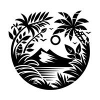 Silhouette of a tropical island landscape in a circular frame, featuring palm trees, mountains, ocean, sun, and birds, rendered in a minimalist black and white style. vector