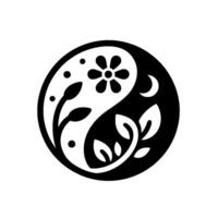 Yin Yang Circle Harmony Botanical Black and White Composition with Moon, Flower, and Leaves Balancing Elements. vector