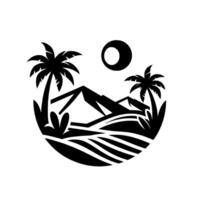 Silhouette of a tropical landscape within a circle palm trees, mountains, sun, fields, minimalist design. vector