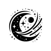 Intricate Celestial Mandala Crescent Moon Encompassing a Sun, Stars, and Abstract Cosmic Trails in a Bold Black and White Design. vector