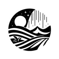 Black and white stylized illustration of a night landscape with stylized fields, mountains, moon, stars, and falling rain, all in a circular frame. vector