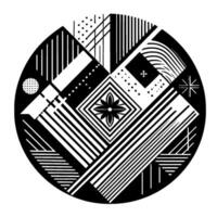 Intricate Circular Geometric Composition in Black and White, Featuring Floral Center, Lines, Dots, and Varied Shapes. vector